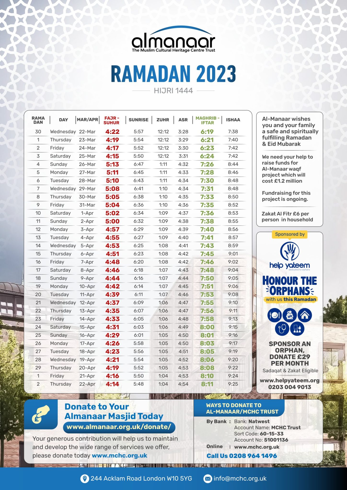 Ramadan Timetable 2023 AlManaar